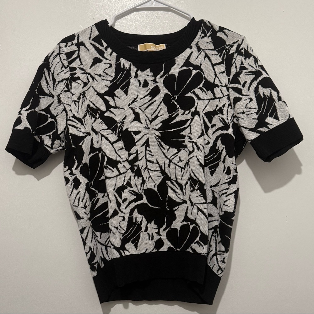 Michael Kors, black and white floral cotton blend knit sweater
